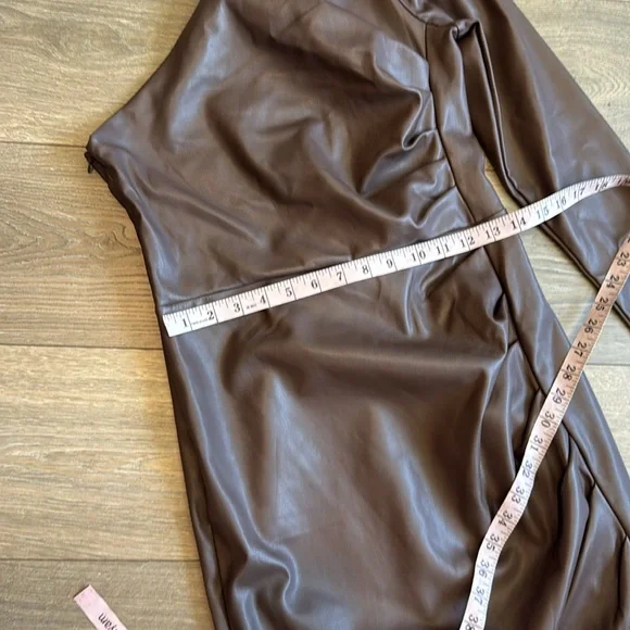 Express Faux Leather One Shoulder Mini Dress Mocha - Picture 7 of 13